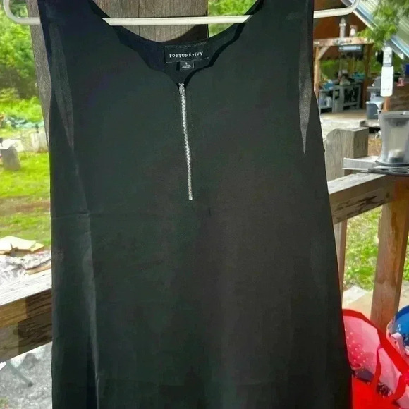 Black Sexy A-Line Scalloped Scoop Zip Neck Blouse by Fortune Ivy Womens Sz L - Picture 5 of 5